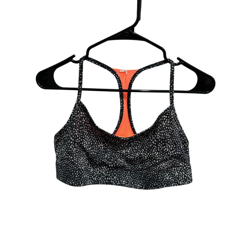 Champion Black White Spotted Logo Orange Mesh Back Racerback Sports Bra Unlined